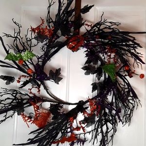 Wreath Halloween Glitter Witch Hat Bat Broom Decorated Wall Door Centerpiece NWT